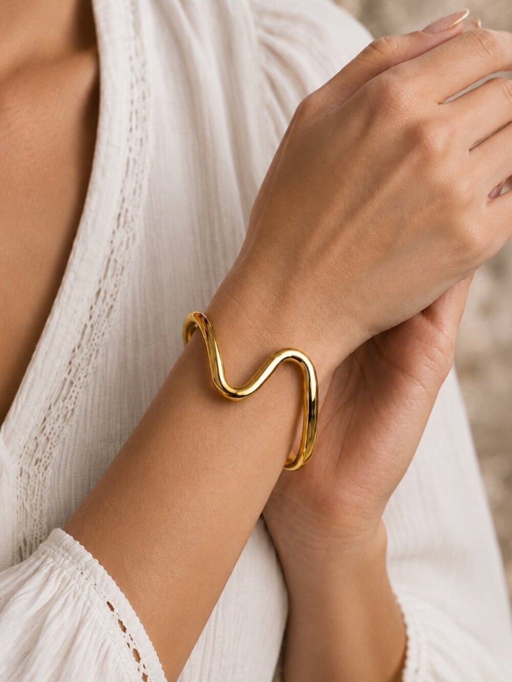 18K Gold Plated Wavy Squiggle Cuff Bracelet Wearable Art Open Bangle Adj 2.6"